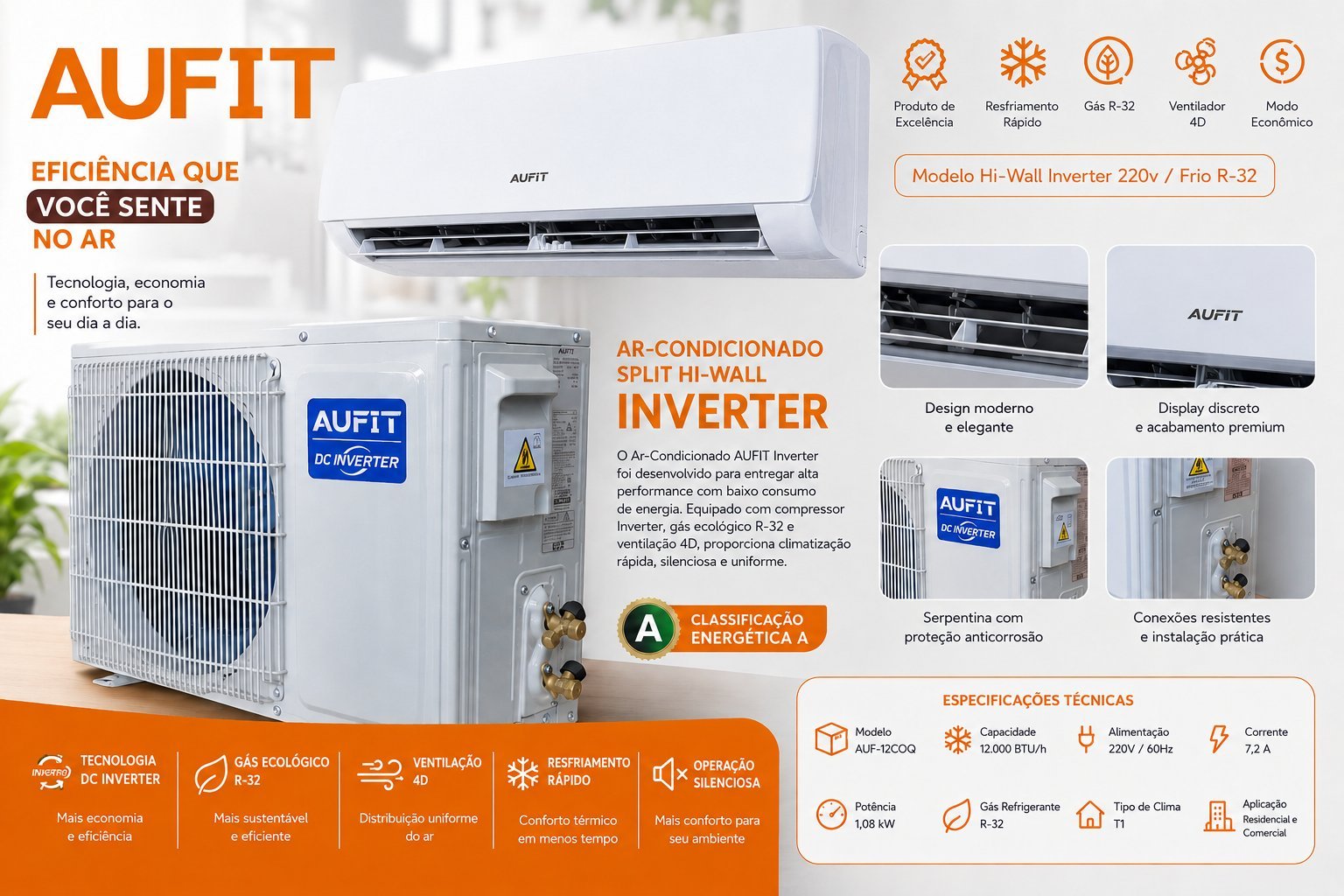 AR CONDICIONADO SPLIT HI WALL INVERTER 12.000BTUS FRIO R32 AUF-12COQG 220V AUFIT - Foto 2