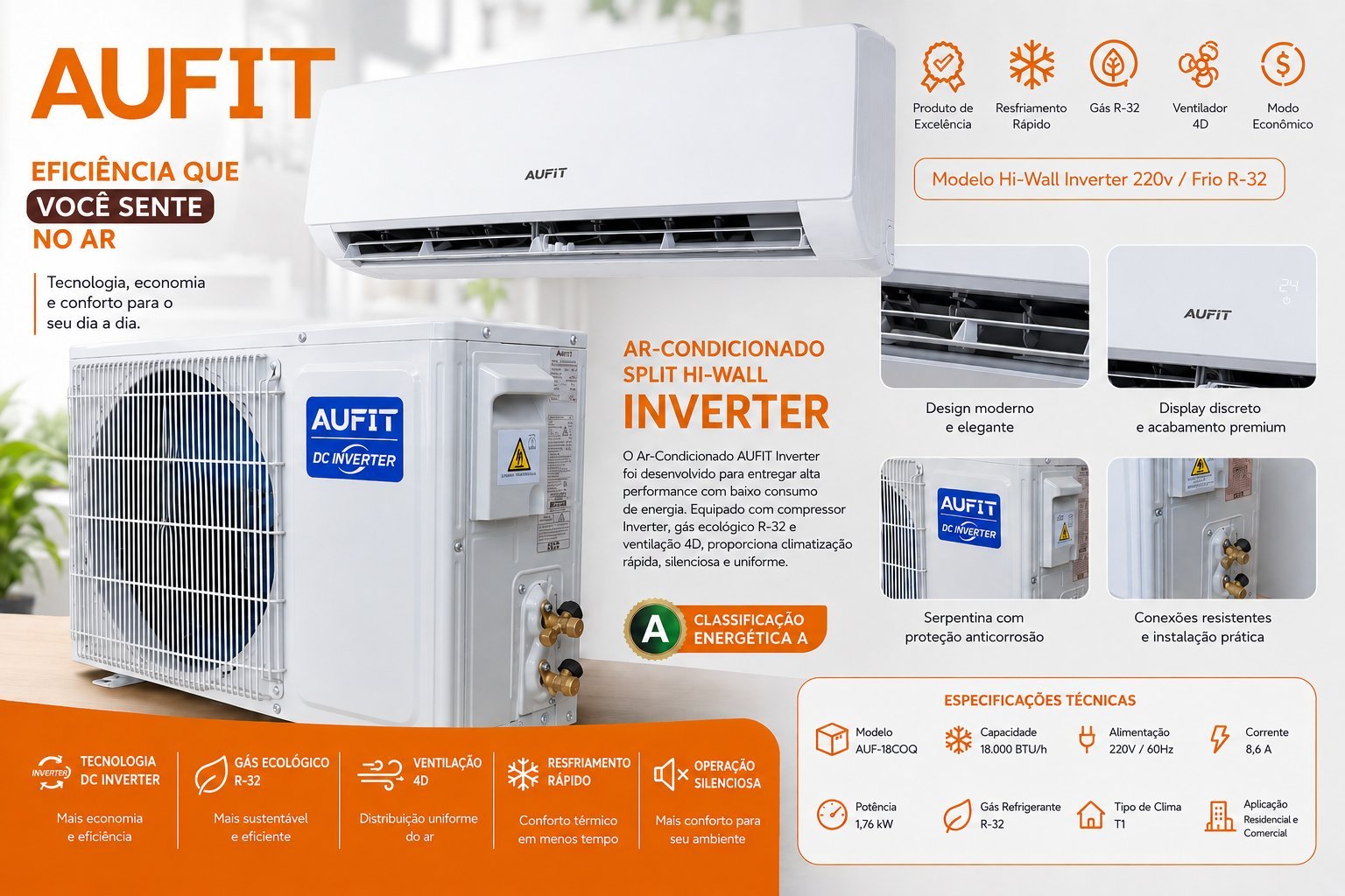 AR CONDICIONADO SPLIT HI WALL INVERTER 18.000BTUS FRIO R32 AUF-18COQG 220V AUFIT - Foto 2