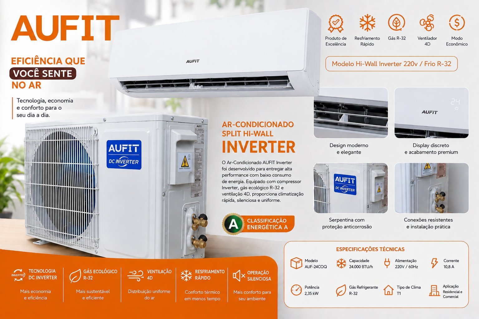 AR CONDICIONADO SPLIT HI WALL INVERTER 24.000BTUS FRIO R32 AUF-24COQG 220V AUFIT - Foto 2