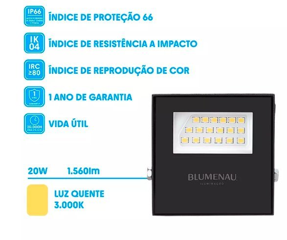 REFLETOR LED 20W 3000K IP66 BIVOLT PRETO BLUMENAU - Foto 2