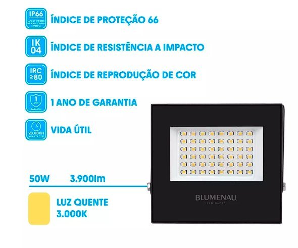 REFLETOR LED 50W 3000K IP66 BIVOLT PRETO BLUMENAU - Foto 2
